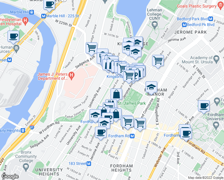 map of restaurants, bars, coffee shops, grocery stores, and more near West 192nd Street in Bronx