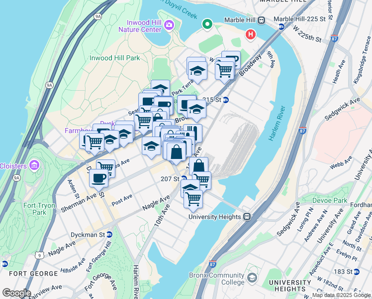 map of restaurants, bars, coffee shops, grocery stores, and more near 526 Isham Street in New York