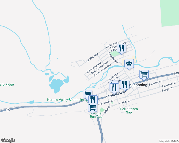map of restaurants, bars, coffee shops, grocery stores, and more near 235 West Columbus Avenue in Nesquehoning