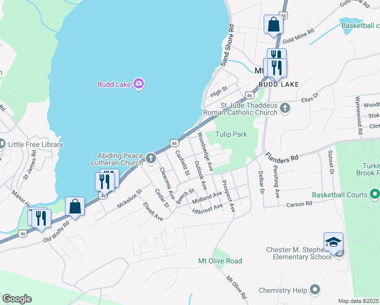 map of restaurants, bars, coffee shops, grocery stores, and more near 12 Outlook Avenue in Mount Olive Township