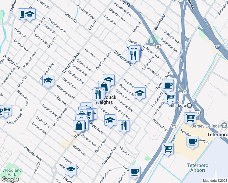 map of restaurants, bars, coffee shops, grocery stores, and more near 215 Lasalle Avenue in Hasbrouck Heights