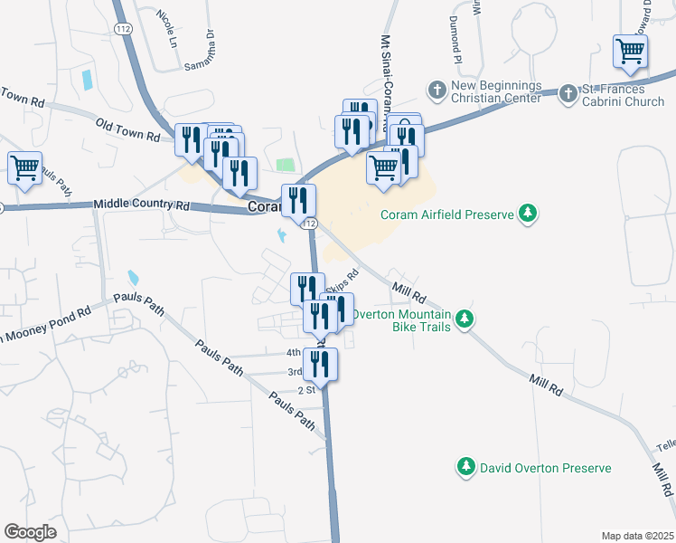 map of restaurants, bars, coffee shops, grocery stores, and more near 588 Mill Road in Coram