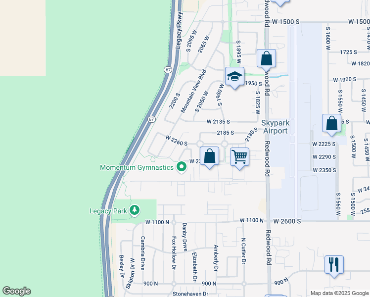 map of restaurants, bars, coffee shops, grocery stores, and more near 2306 South 2090 West in Woods Cross