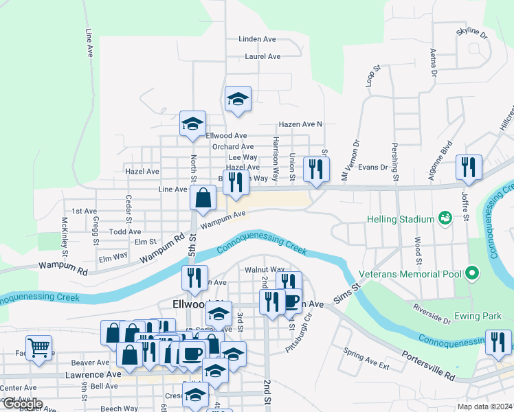 map of restaurants, bars, coffee shops, grocery stores, and more near 300 Wampum Avenue in Ellwood City