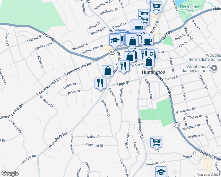 map of restaurants, bars, coffee shops, grocery stores, and more near 2 Insbrook Court in Huntington