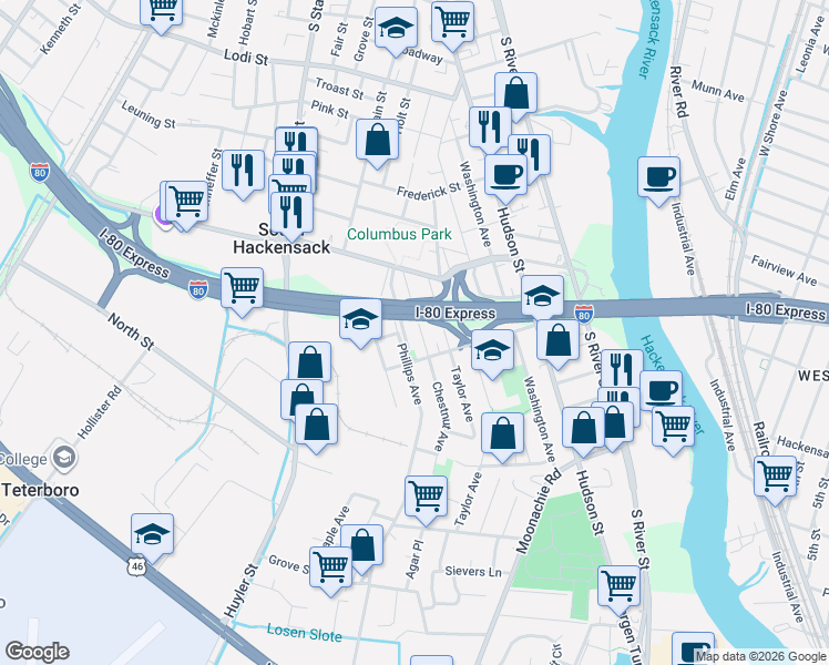 map of restaurants, bars, coffee shops, grocery stores, and more near 361 Chestnut Avenue in South Hackensack