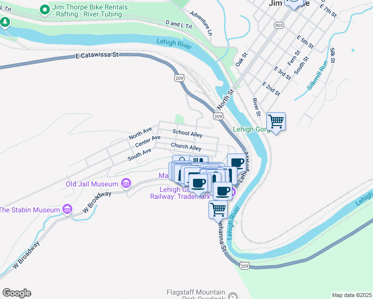 map of restaurants, bars, coffee shops, grocery stores, and more near 216-218 South Avenue in Jim Thorpe