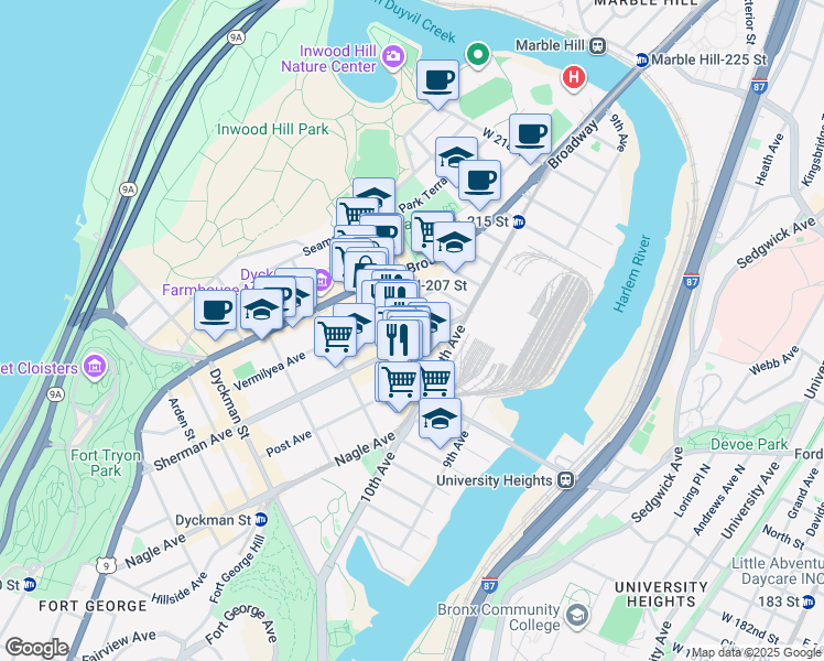 map of restaurants, bars, coffee shops, grocery stores, and more near 248 Sherman Avenue in New York