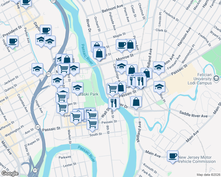 map of restaurants, bars, coffee shops, grocery stores, and more near 230 River Drive in Garfield
