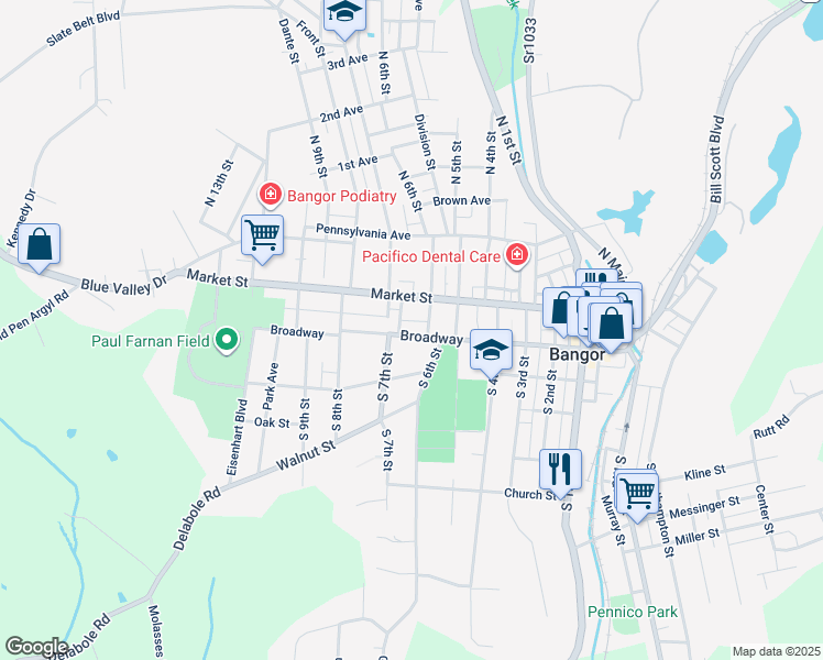 map of restaurants, bars, coffee shops, grocery stores, and more near 616 Broadway in Bangor