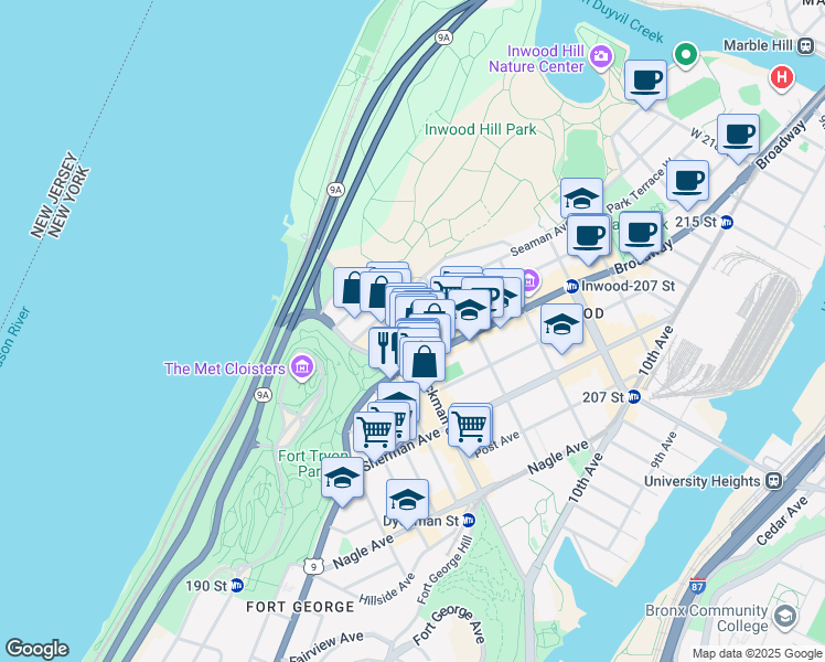 map of restaurants, bars, coffee shops, grocery stores, and more near 15 Seaman Avenue in New York