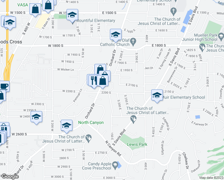 map of restaurants, bars, coffee shops, grocery stores, and more near 2169 Orchard Pines Loop East in Bountiful