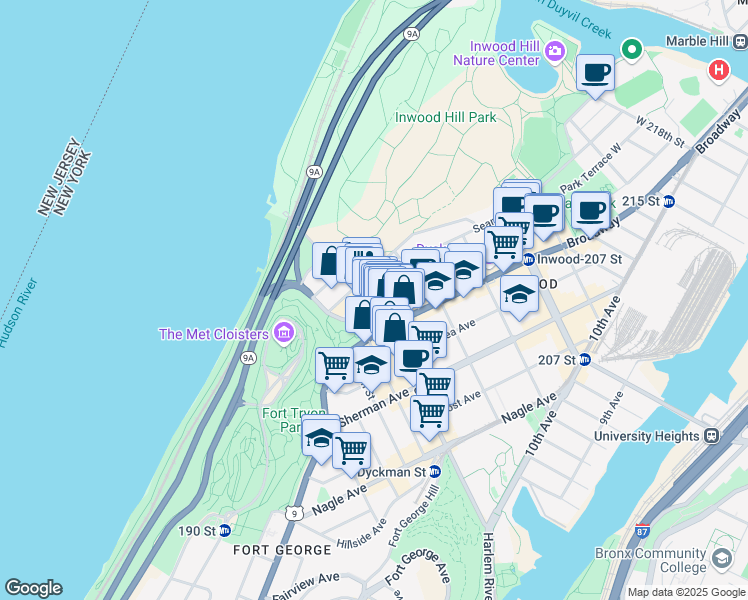 map of restaurants, bars, coffee shops, grocery stores, and more near 7 Seaman Avenue in New York
