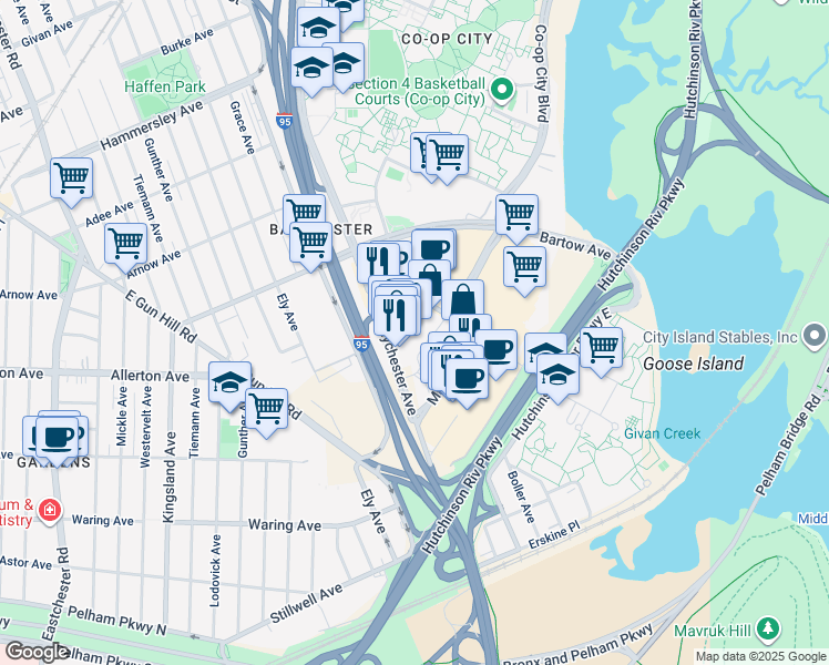 map of restaurants, bars, coffee shops, grocery stores, and more near 260 Baychester Avenue in The Bronx