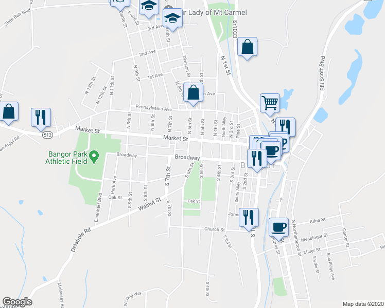 map of restaurants, bars, coffee shops, grocery stores, and more near 525 Broadway in Bangor
