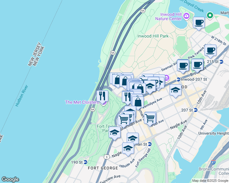 map of restaurants, bars, coffee shops, grocery stores, and more near 1795 Riverside Drive in New York