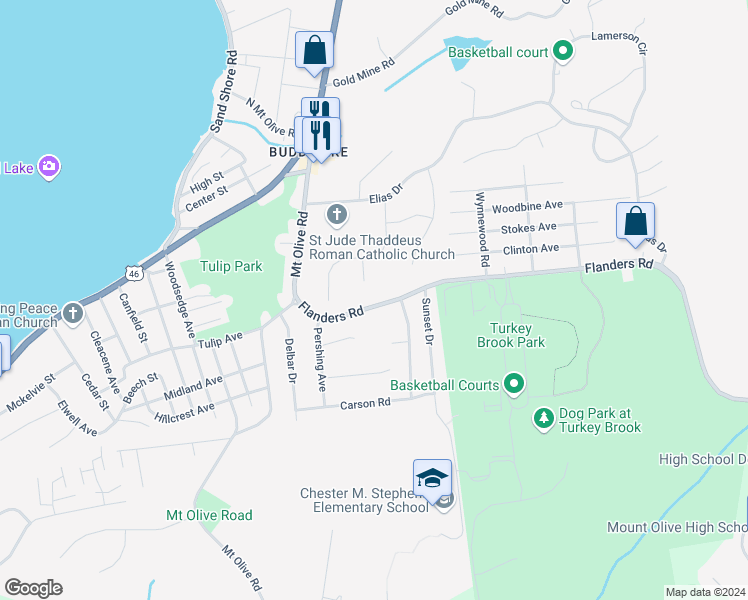 map of restaurants, bars, coffee shops, grocery stores, and more near 15 Flanders Road in Mount Olive Township