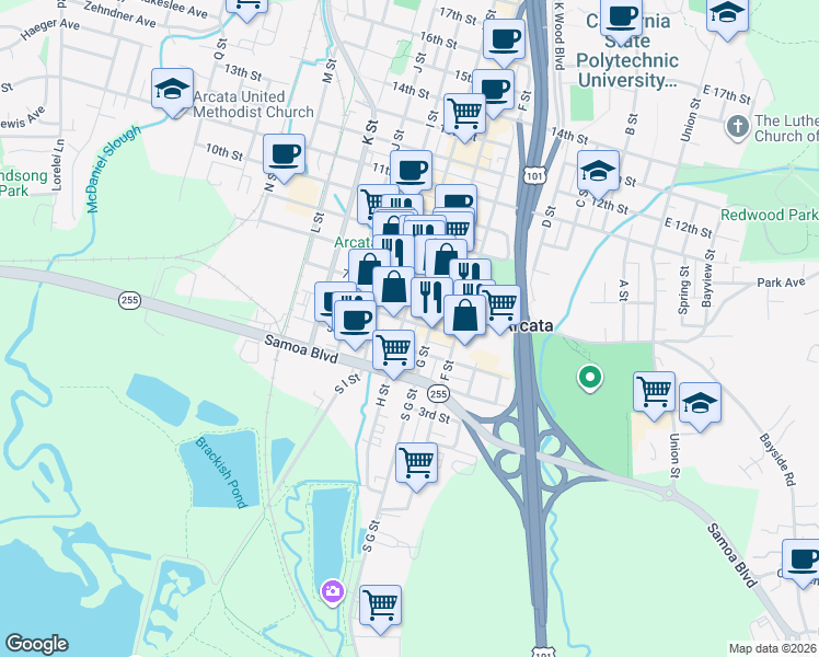 map of restaurants, bars, coffee shops, grocery stores, and more near 532 H Street in Arcata