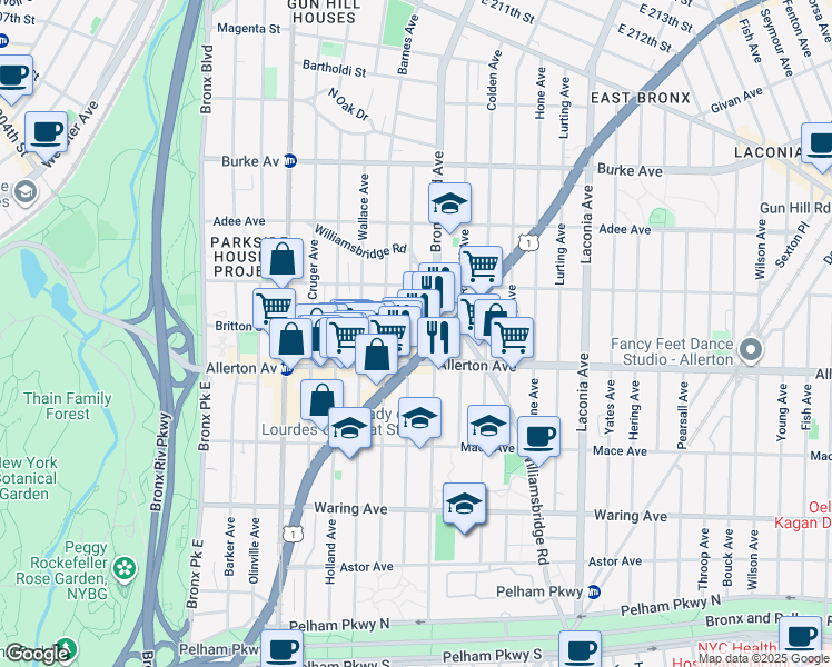 map of restaurants, bars, coffee shops, grocery stores, and more near 2717 Matthews Avenue in Bronx