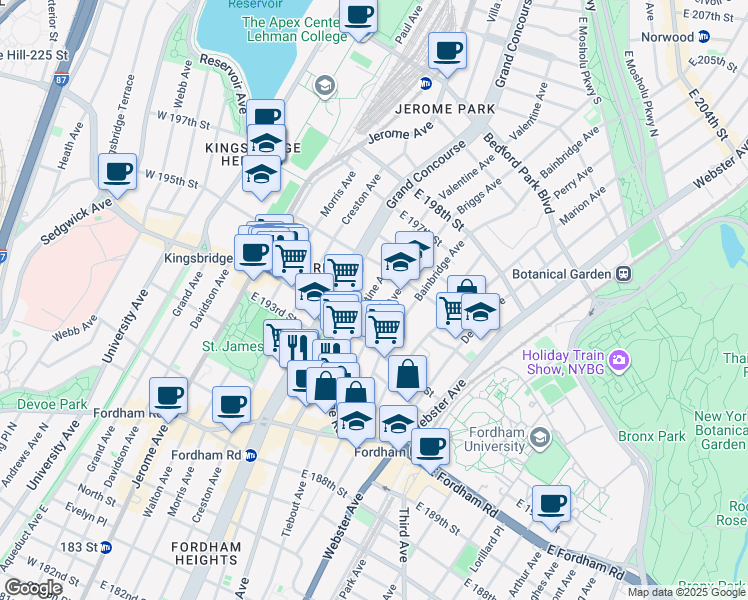 map of restaurants, bars, coffee shops, grocery stores, and more near in The Bronx