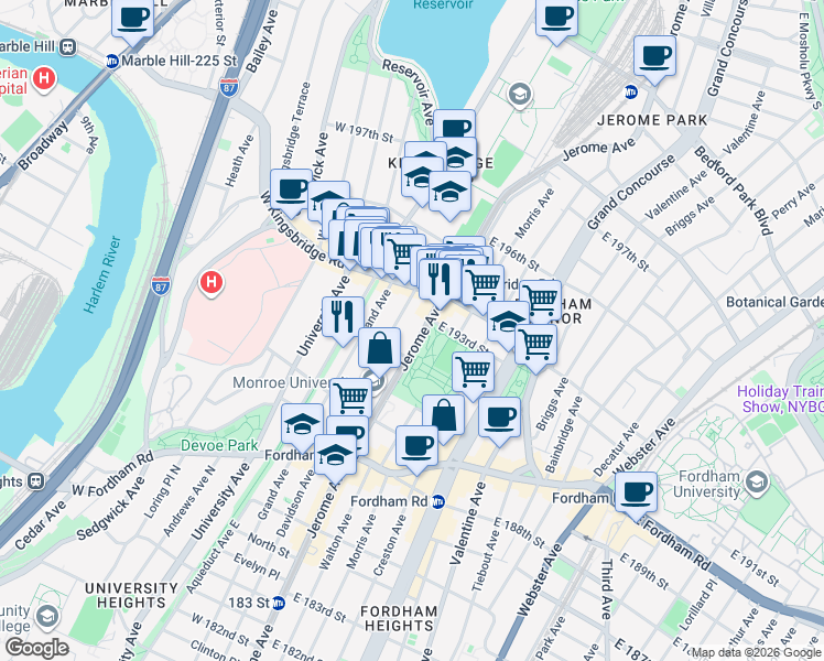 map of restaurants, bars, coffee shops, grocery stores, and more near 2601 Jerome Avenue in Bronx
