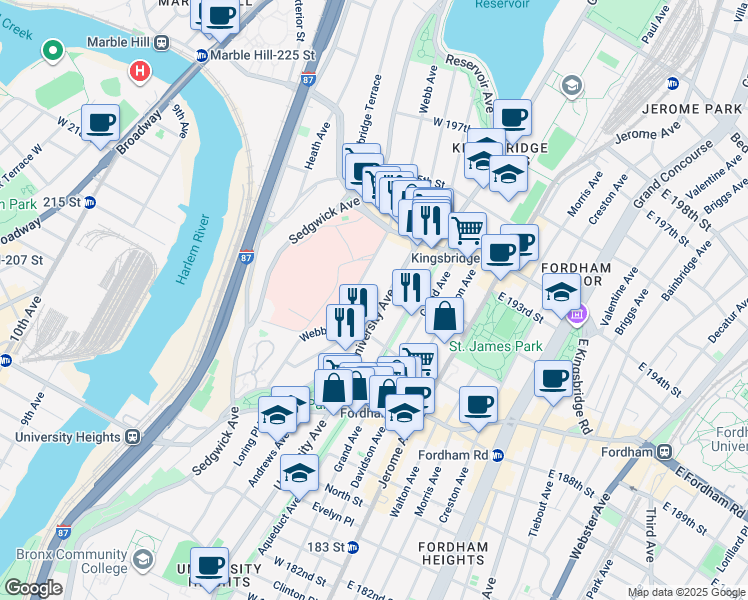 map of restaurants, bars, coffee shops, grocery stores, and more near 2515 University Avenue in Bronx