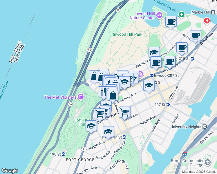 map of restaurants, bars, coffee shops, grocery stores, and more near 5 Seaman Avenue in New York