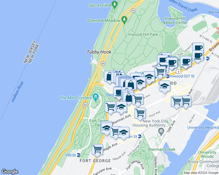 map of restaurants, bars, coffee shops, grocery stores, and more near 1825 Riverside Drive in New York