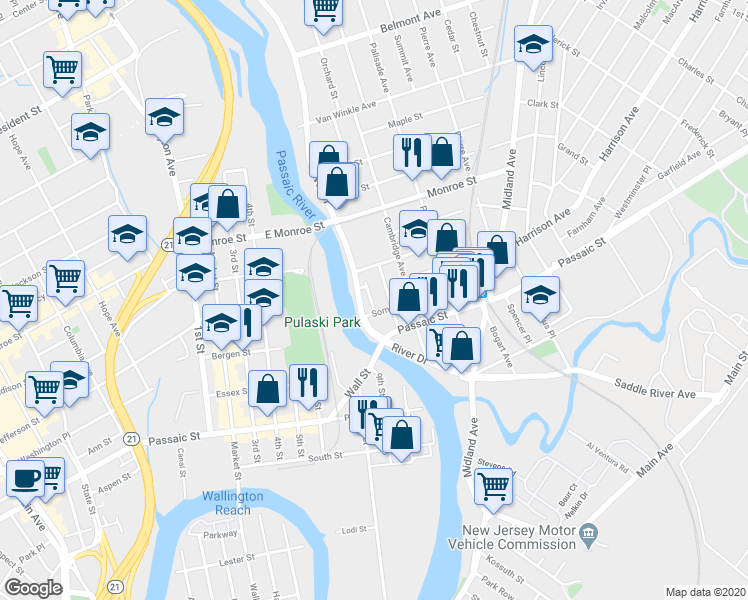 map of restaurants, bars, coffee shops, grocery stores, and more near 230 River Drive in Garfield