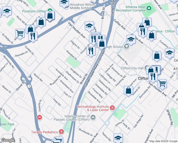 map of restaurants, bars, coffee shops, grocery stores, and more near 85 Dalewood Road in Clifton