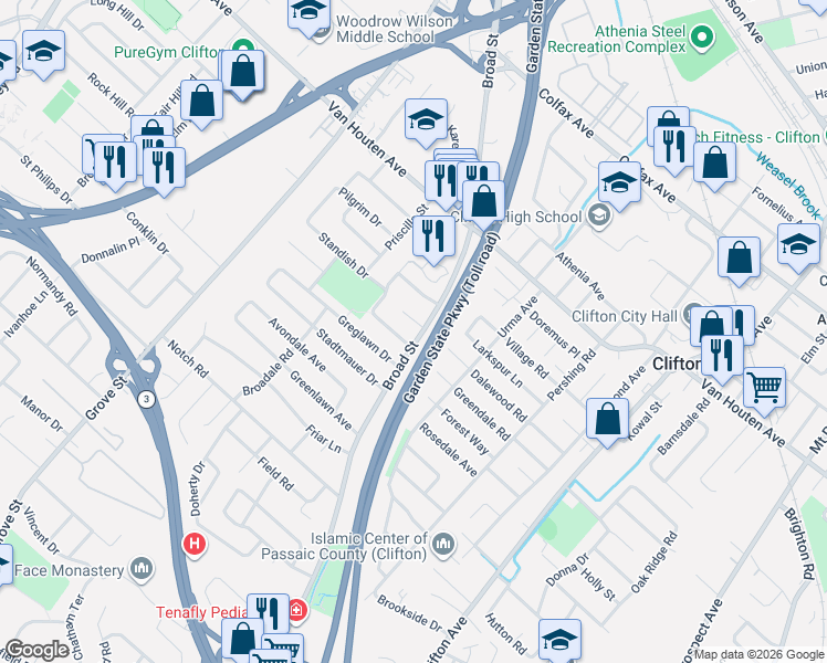 map of restaurants, bars, coffee shops, grocery stores, and more near 10 Knox Place in Clifton