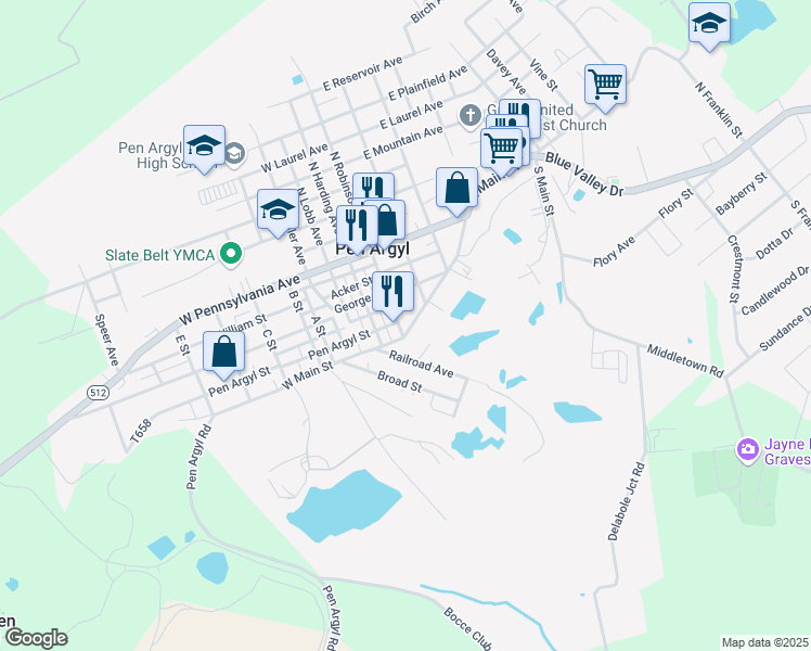 map of restaurants, bars, coffee shops, grocery stores, and more near 6 East Main Street in Pen Argyl