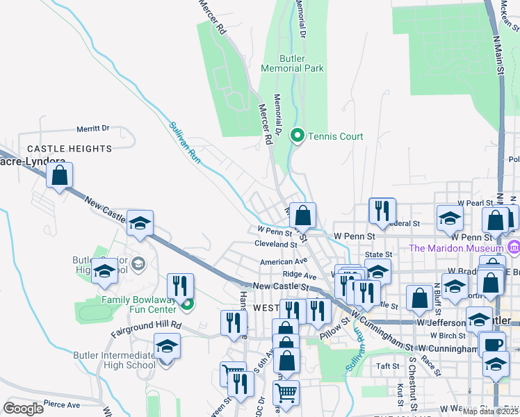 map of restaurants, bars, coffee shops, grocery stores, and more near 342 North 6th Avenue in Butler