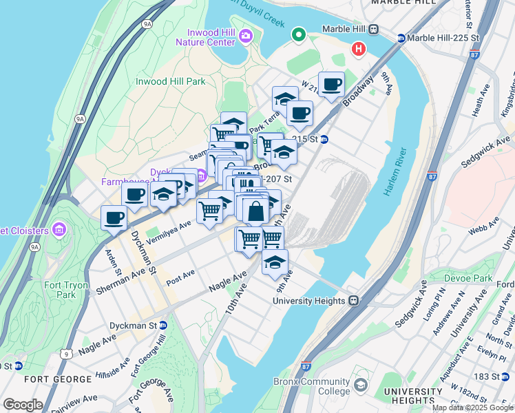 map of restaurants, bars, coffee shops, grocery stores, and more near 555W West 207th Street in New York