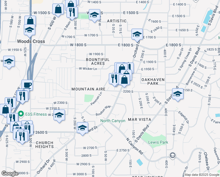 map of restaurants, bars, coffee shops, grocery stores, and more near 41 East 2200 South in Bountiful