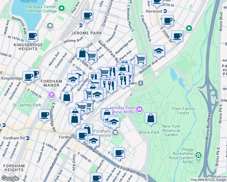map of restaurants, bars, coffee shops, grocery stores, and more near 2776E Webster Avenue in Bronx