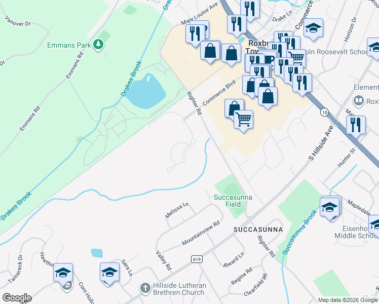 map of restaurants, bars, coffee shops, grocery stores, and more near 135 Woods Edge Drive in Roxbury Township