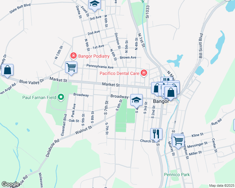 map of restaurants, bars, coffee shops, grocery stores, and more near 605 Broadway in Bangor