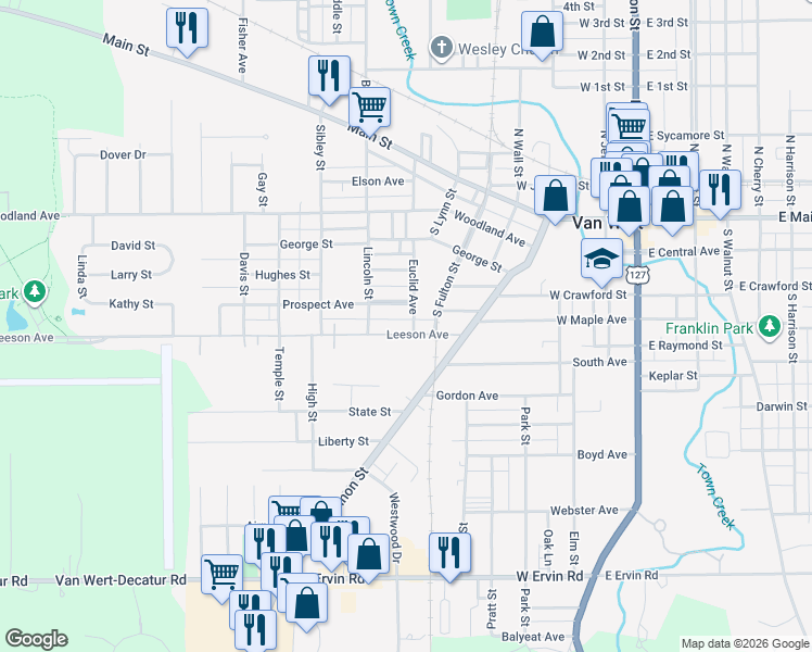 map of restaurants, bars, coffee shops, grocery stores, and more near 712 Leeson Avenue in Van Wert