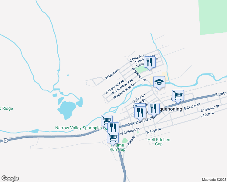 map of restaurants, bars, coffee shops, grocery stores, and more near 211 West Columbus Avenue in Nesquehoning