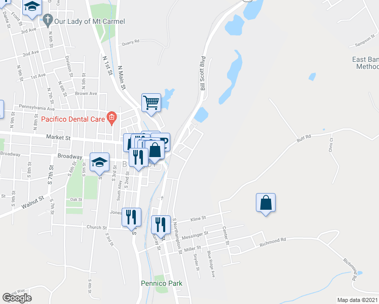 map of restaurants, bars, coffee shops, grocery stores, and more near 36 New Street in Bangor