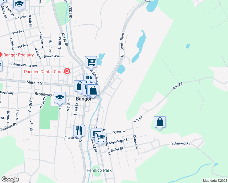 map of restaurants, bars, coffee shops, grocery stores, and more near 36 New Street in Bangor