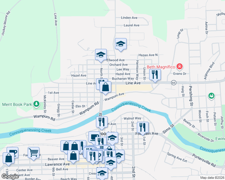 map of restaurants, bars, coffee shops, grocery stores, and more near 425 1st Avenue in Ellwood City