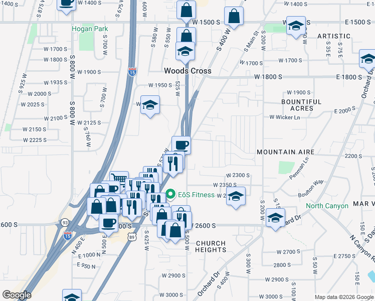 map of restaurants, bars, coffee shops, grocery stores, and more near 2242 South 500 West in Bountiful