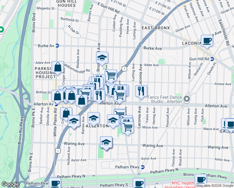 map of restaurants, bars, coffee shops, grocery stores, and more near 2710 Paulding Avenue in Bronx