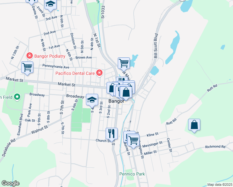 map of restaurants, bars, coffee shops, grocery stores, and more near 22 South 1st Street in Bangor