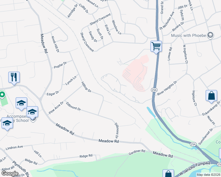 map of restaurants, bars, coffee shops, grocery stores, and more near 1102 Bishops Road in Smithtown