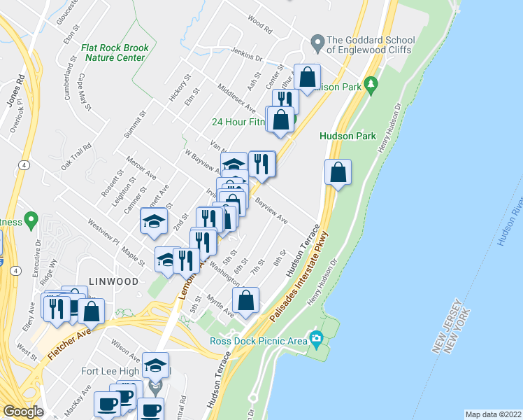 map of restaurants, bars, coffee shops, grocery stores, and more near 24B Sylvan Avenue in Englewood Cliffs
