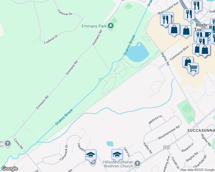 map of restaurants, bars, coffee shops, grocery stores, and more near 19 Whisper Way East in Roxbury Township