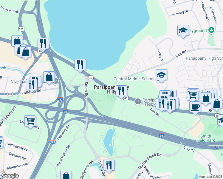map of restaurants, bars, coffee shops, grocery stores, and more near in Parsippany-Troy Hills